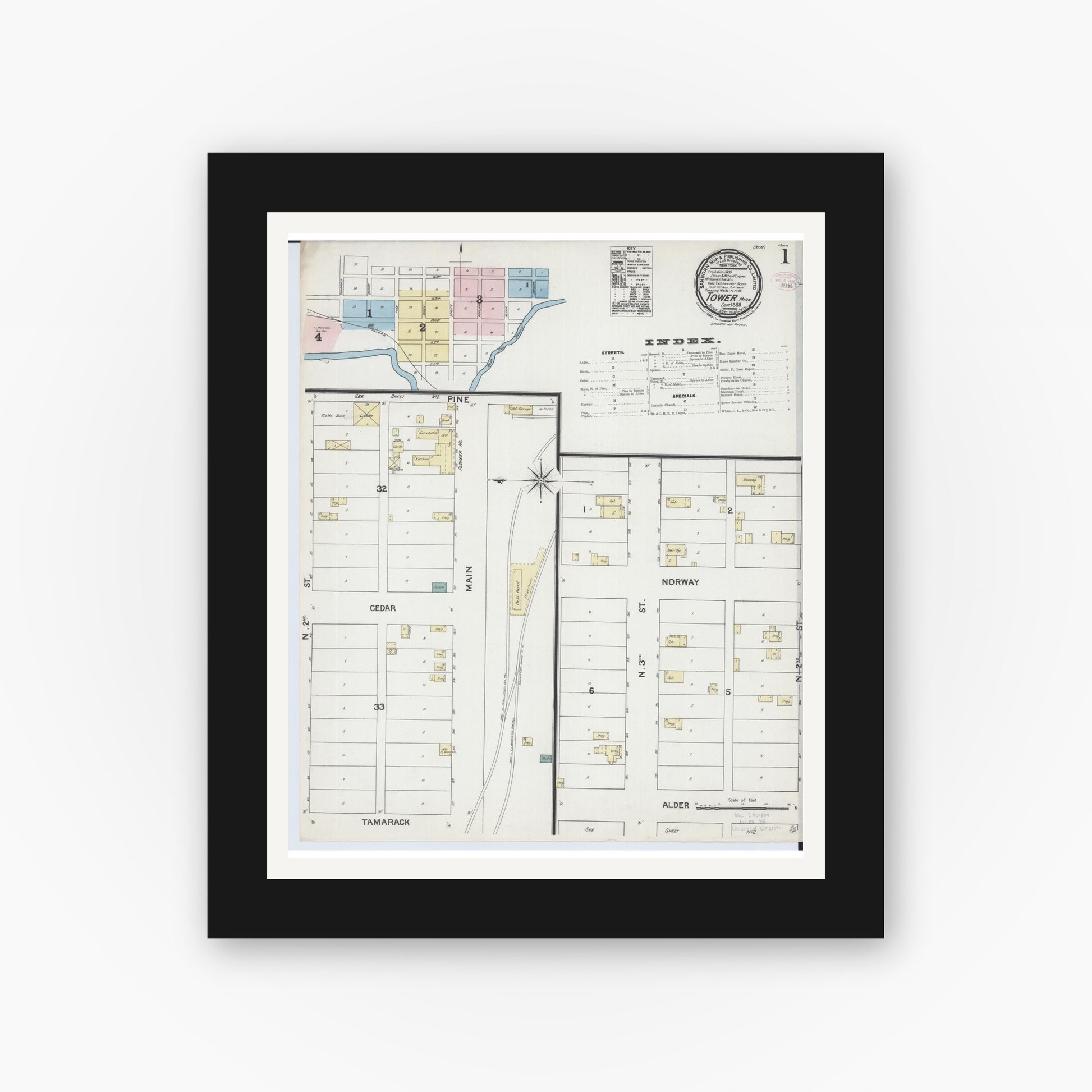 Old map wall art mockup — black gallery frame with white mat — Sanborn Fire Insurance Map from Tower, Saint Louis County, Minnesota (1888) - Complete Map Set