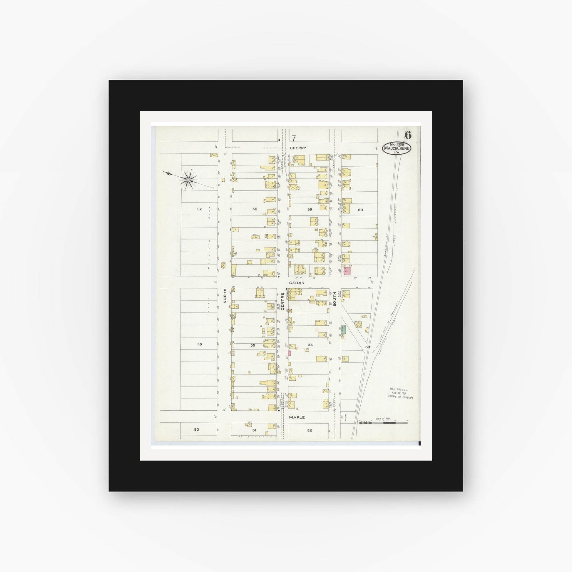 Old map wall art mockup — black gallery frame with white mat — Sanborn Fire Insurance Map from Mauch Chunk, Carbon County, Pennsylvania (1908), Sheet #0006