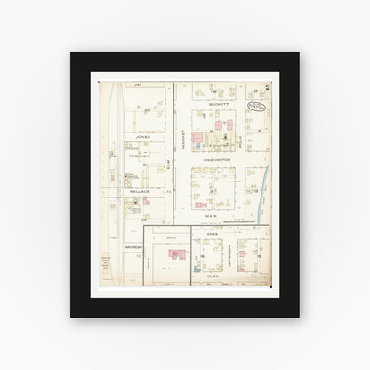 Old map wall art mockup — black gallery frame with white mat — Sanborn Fire Insurance Map from Vinton, Benton County, Iowa (1885), Sheet #0002