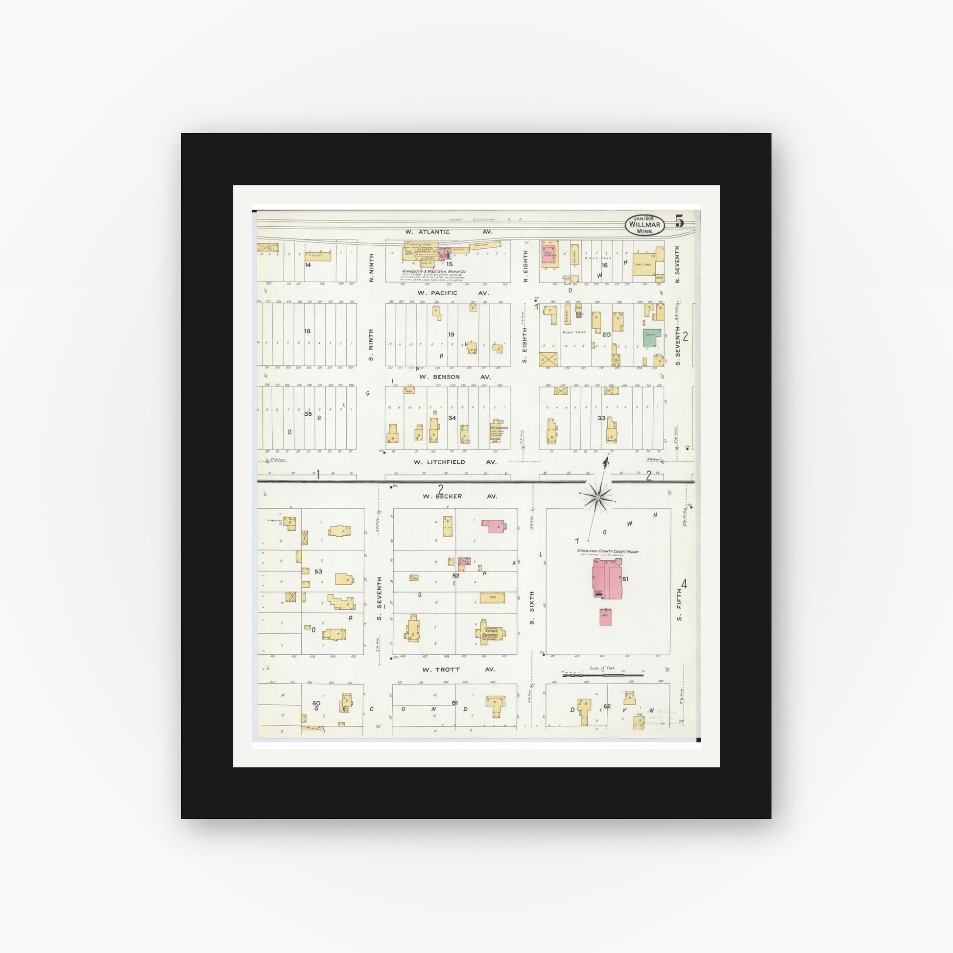 Old map wall art mockup — black gallery frame with white mat — Sanborn Fire Insurance Map from Willmar, Kandiyohi County, Minnesota (1909), Sheet #0005