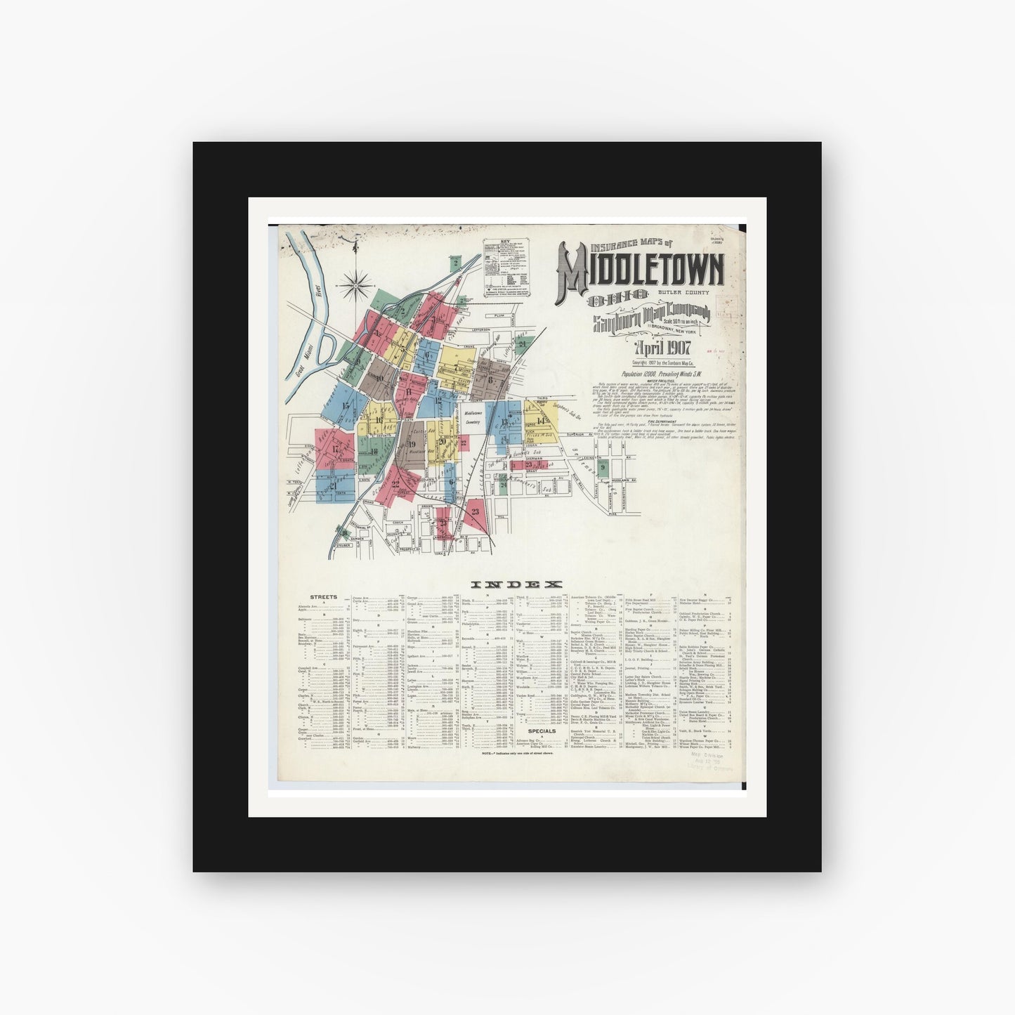 Old map wall art mockup — black gallery frame with white mat — Sanborn Fire Insurance Map from Middletown, Butler County, Ohio (1907), Sheet #0001