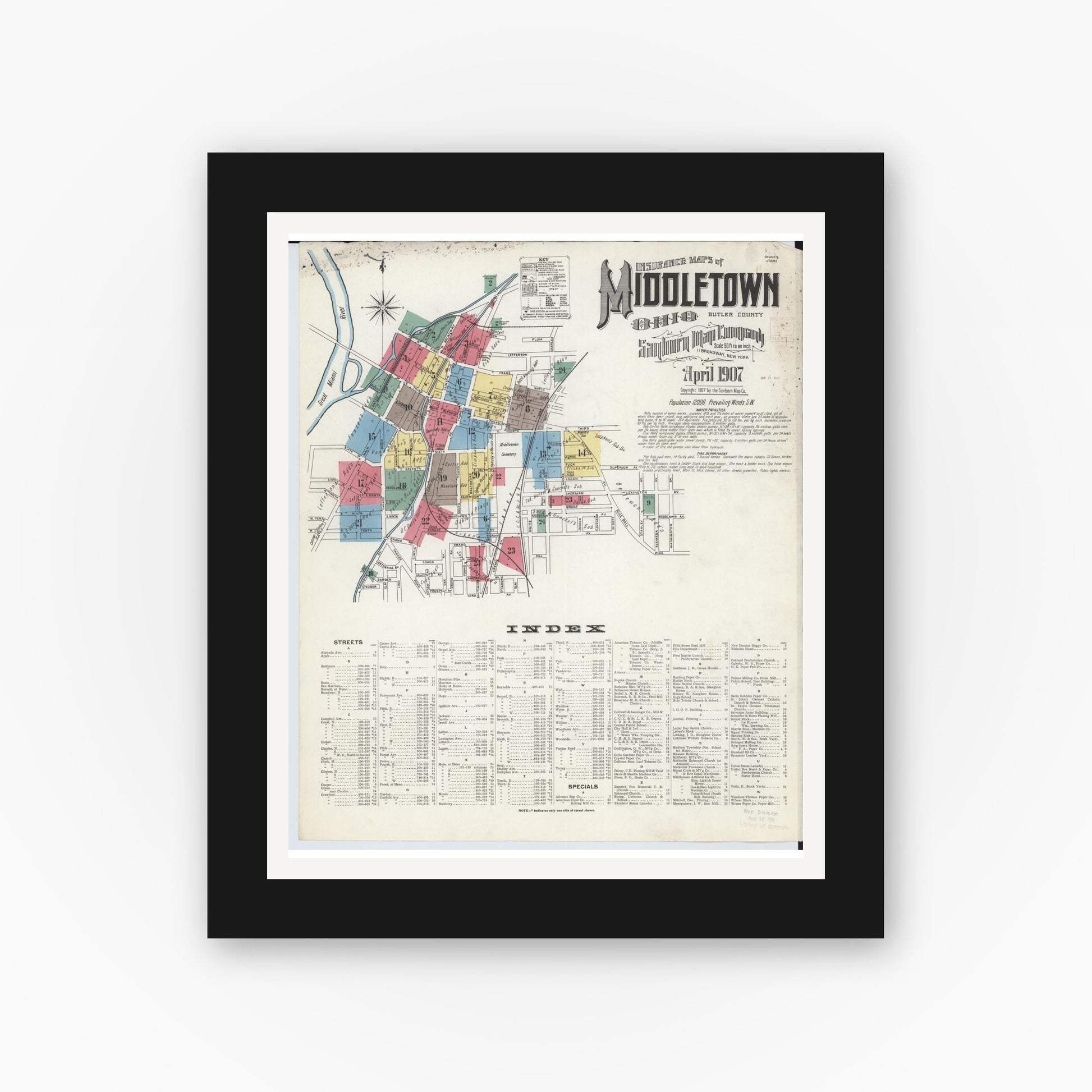 Old map wall art mockup — black gallery frame with white mat — Sanborn Fire Insurance Map from Middletown, Butler County, Ohio (1907), Sheet #0001