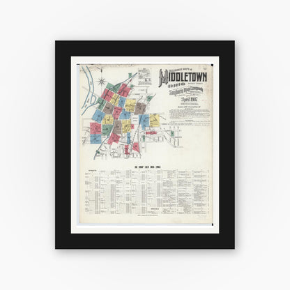 Old map wall art mockup — black gallery frame with white mat — Sanborn Fire Insurance Map from Middletown, Butler County, Ohio (1907), Sheet #0001