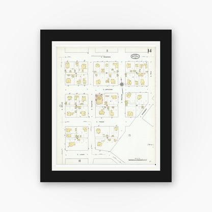 Old map wall art mockup — black gallery frame with white mat — Sanborn Fire Insurance Map from Bryan, Brazos County, Texas (1912), Sheet #0014