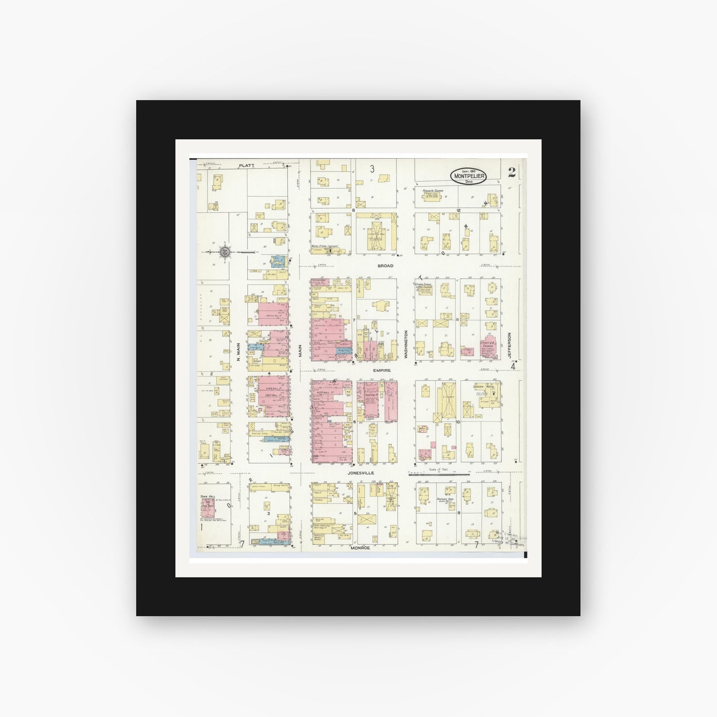 Old map wall art mockup — black gallery frame with white mat — Sanborn Fire Insurance Map from Montpelier, Williams County, Ohio (1910), Sheet #0002