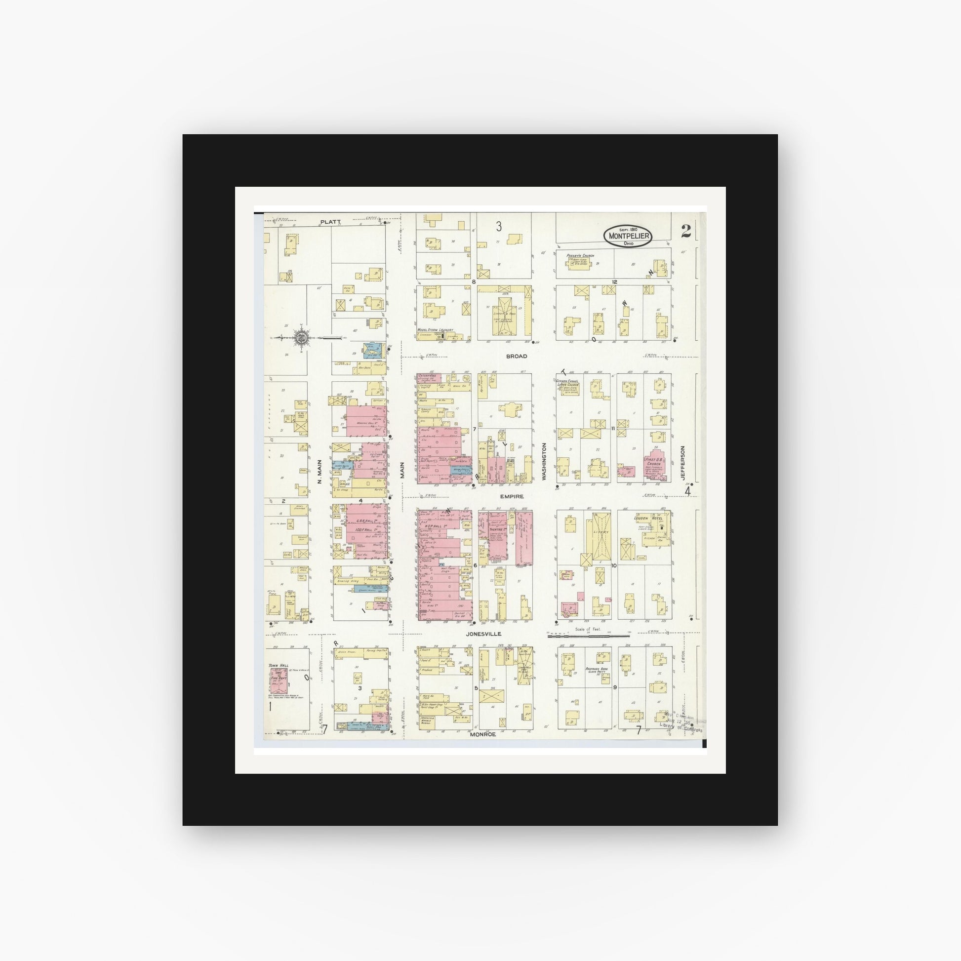 Old map wall art mockup — black gallery frame with white mat — Sanborn Fire Insurance Map from Montpelier, Williams County, Ohio (1910), Sheet #0002