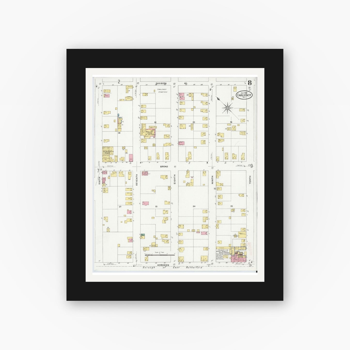 Old map wall art mockup — black gallery frame with white mat — Sanborn Fire Insurance Map from Carlstadt, Bergen County, New Jersey (1909), Sheet #0008