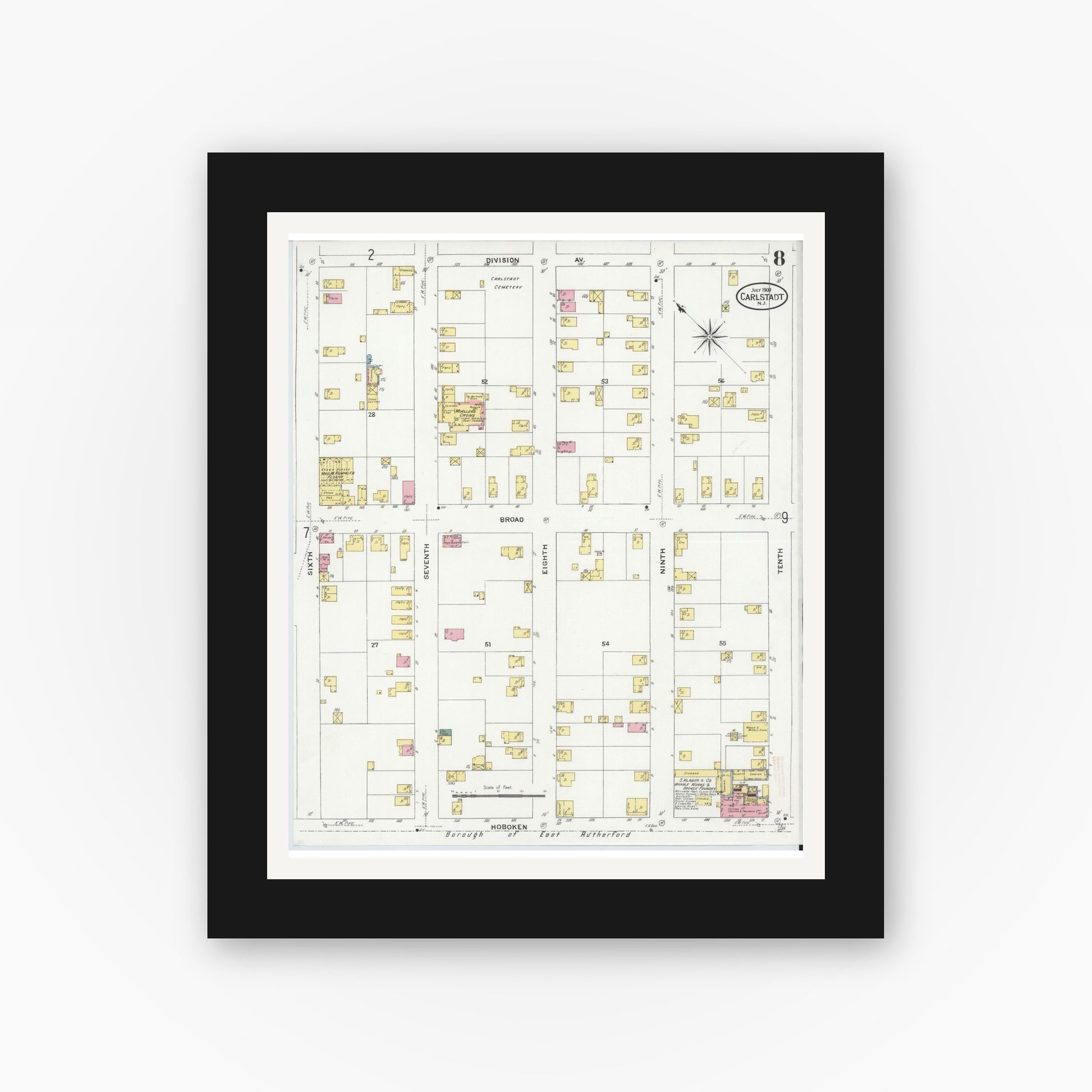 Old map wall art mockup — black gallery frame with white mat — Sanborn Fire Insurance Map from Carlstadt, Bergen County, New Jersey (1909), Sheet #0008