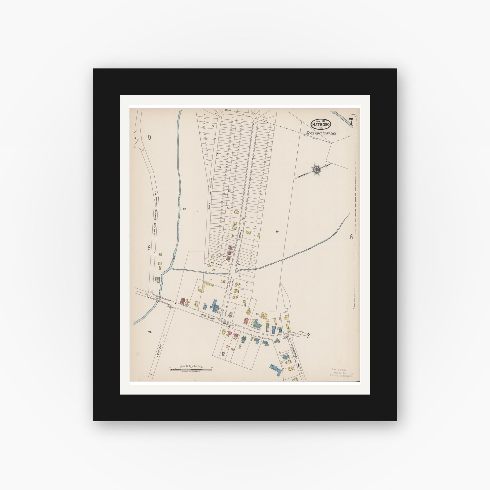 Old map wall art mockup — black gallery frame with white mat — Sanborn Fire Insurance Map from Hatboro, Montgomery County, Pennsylvania (1922), Sheet #0007