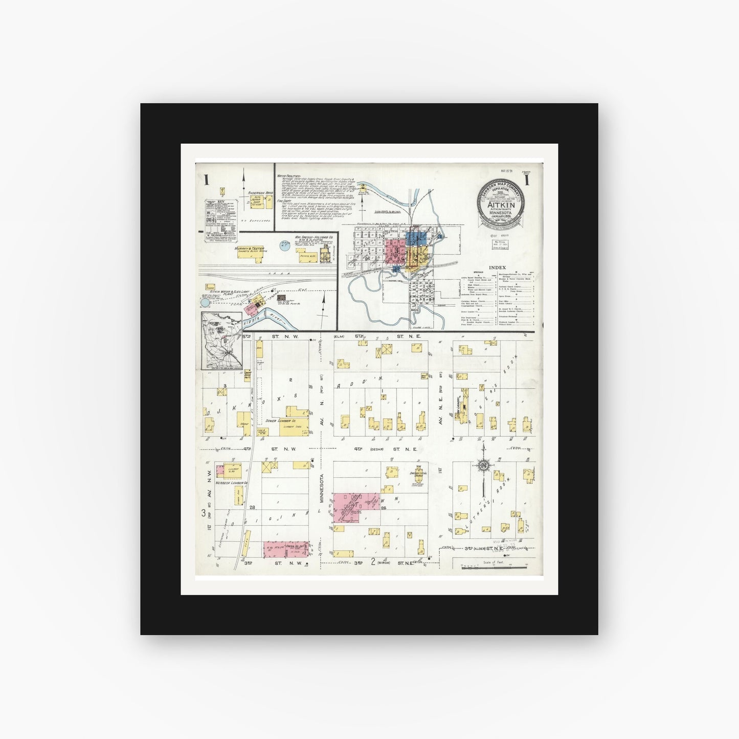 Old map wall art mockup — black gallery frame with white mat — Sanborn Fire Insurance Map from Aitkin, Aitkin County, Minnesota (1924), Sheet #0001