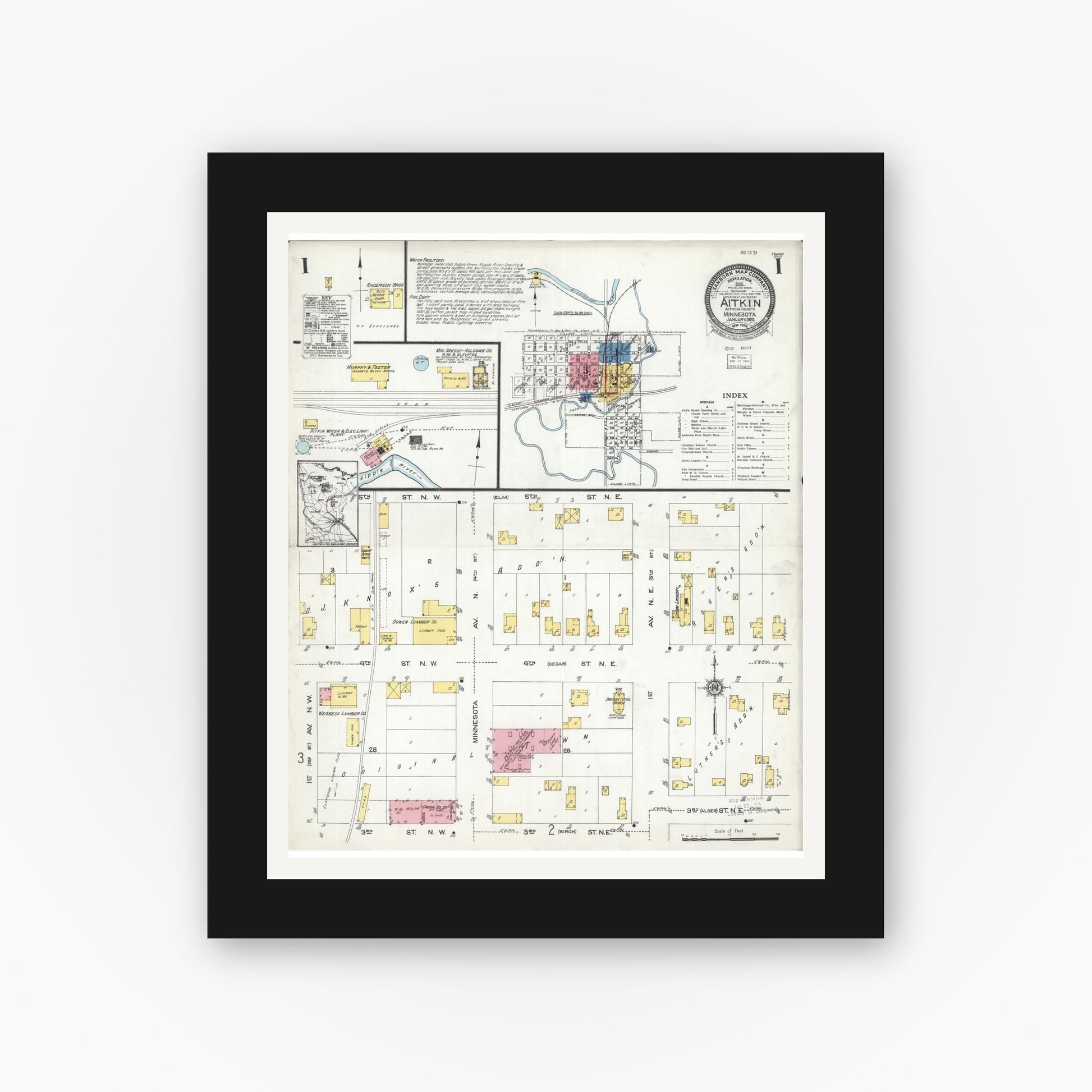 Old map wall art mockup — black gallery frame with white mat — Sanborn Fire Insurance Map from Aitkin, Aitkin County, Minnesota (1924), Sheet #0001