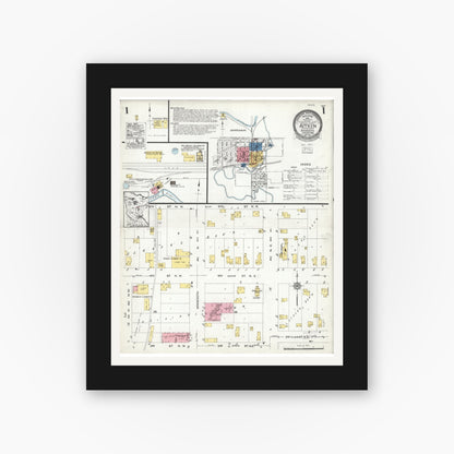 Old map wall art mockup — black gallery frame with white mat — Sanborn Fire Insurance Map from Aitkin, Aitkin County, Minnesota (1924), Sheet #0001