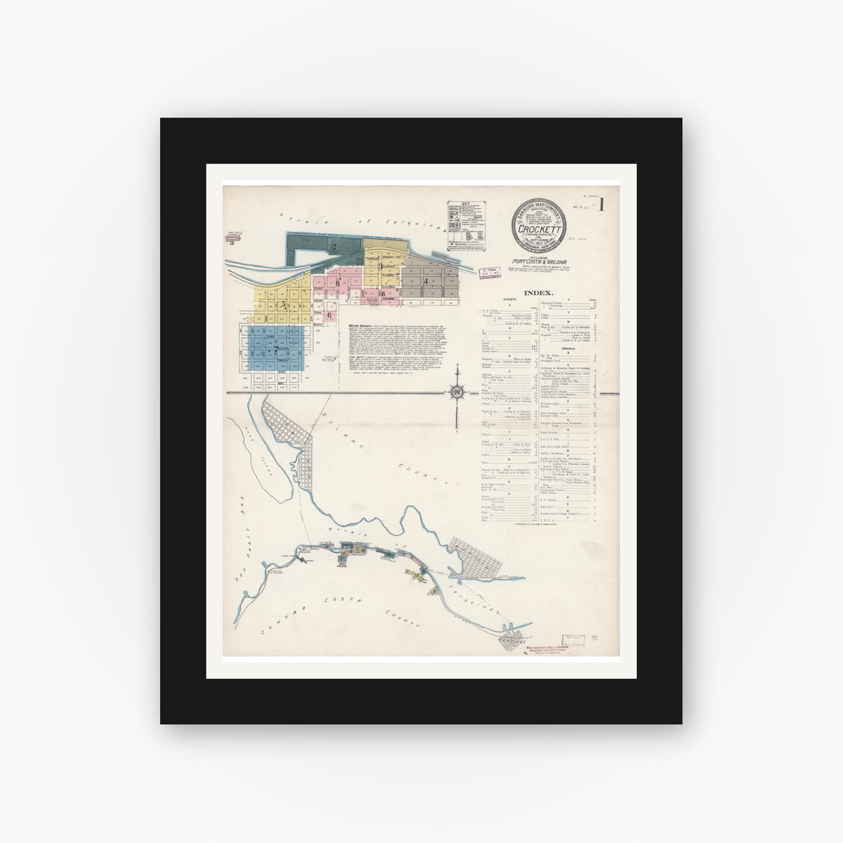 Old map wall art mockup — black gallery frame with white mat — Sanborn Fire Insurance Map from Crockett, Contra Costa County, California (1913), Sheet #0001