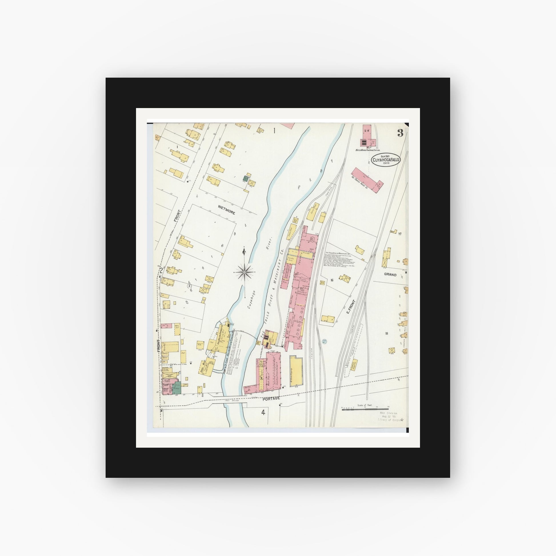 Old map wall art mockup — black gallery frame with white mat — Sanborn Fire Insurance Map from Cuyahoga Falls, Summit County, Ohio (1901), Sheet #0003