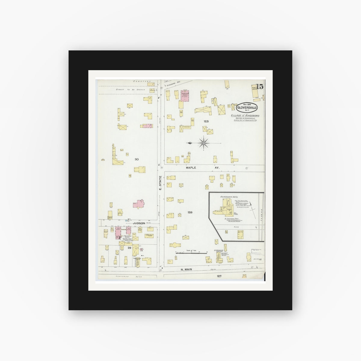 Old map wall art mockup — black gallery frame with white mat — Sanborn Fire Insurance Map from Gloversville, Fulton County, New York (1892), Sheet #0015