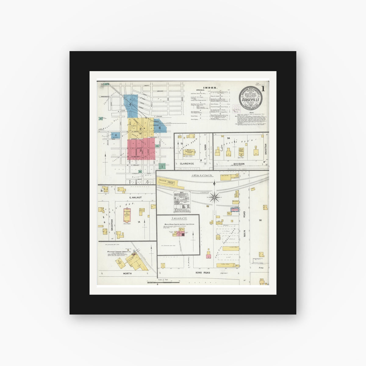 Old map wall art mockup — black gallery frame with white mat — Sanborn Fire Insurance Map from Dodgeville, Iowa County, Wisconsin (1905) - Complete Map Set