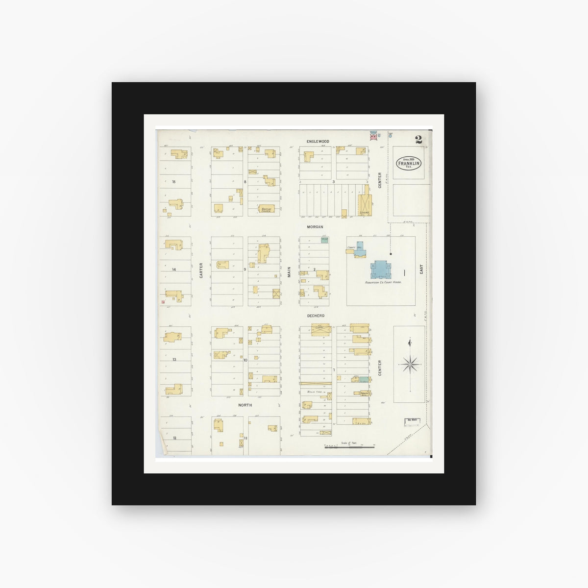 Old map wall art mockup — black gallery frame with white mat — Sanborn Fire Insurance Map from Franklin, Robertson County, Texas (1899), Sheet #0002