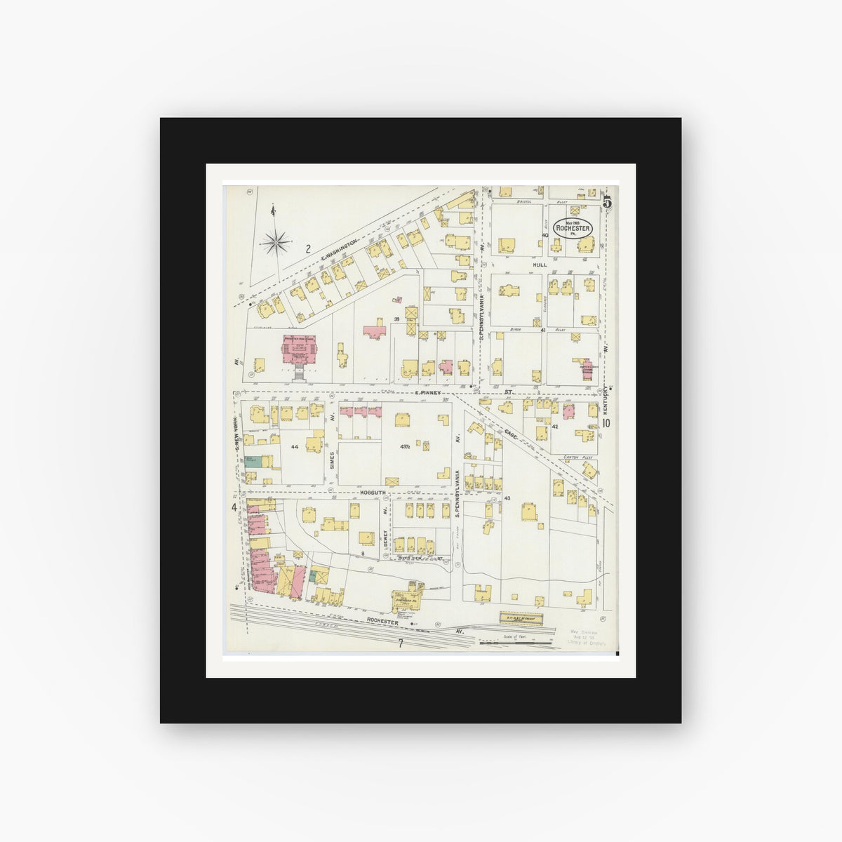 Old map wall art mockup — black gallery frame with white mat — Sanborn Fire Insurance Map from Rochester, Beaver County, Pennsylvania (1903), Sheet #0005