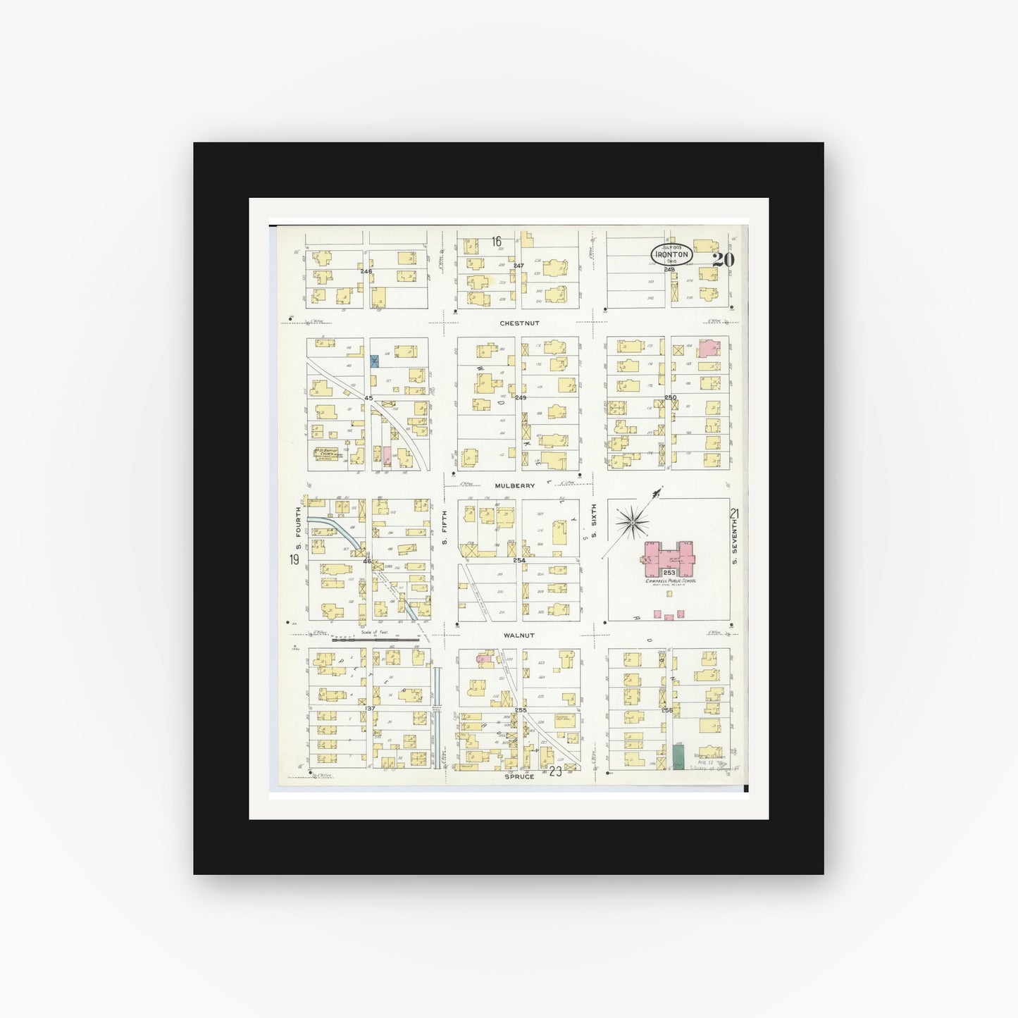 Old map wall art mockup — black gallery frame with white mat — Sanborn Fire Insurance Map from Ironton, Lawrence County, Ohio (1909), Sheet #0020