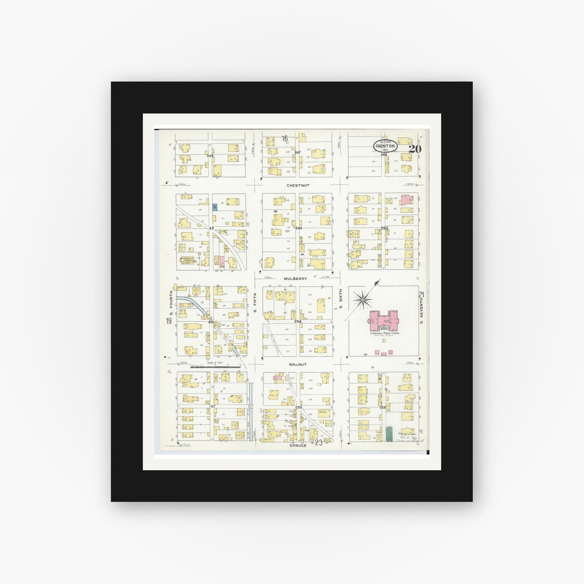 Old map wall art mockup — black gallery frame with white mat — Sanborn Fire Insurance Map from Ironton, Lawrence County, Ohio (1909), Sheet #0020