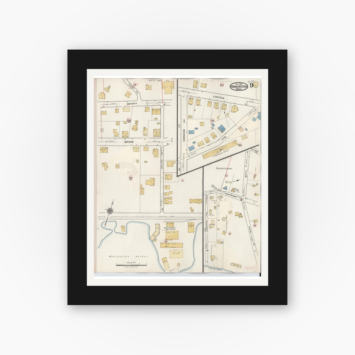 Old map wall art mockup — black gallery frame with white mat — Sanborn Fire Insurance Map from Manchester, Essex County, Massachusetts (1941), Sheet #0009
