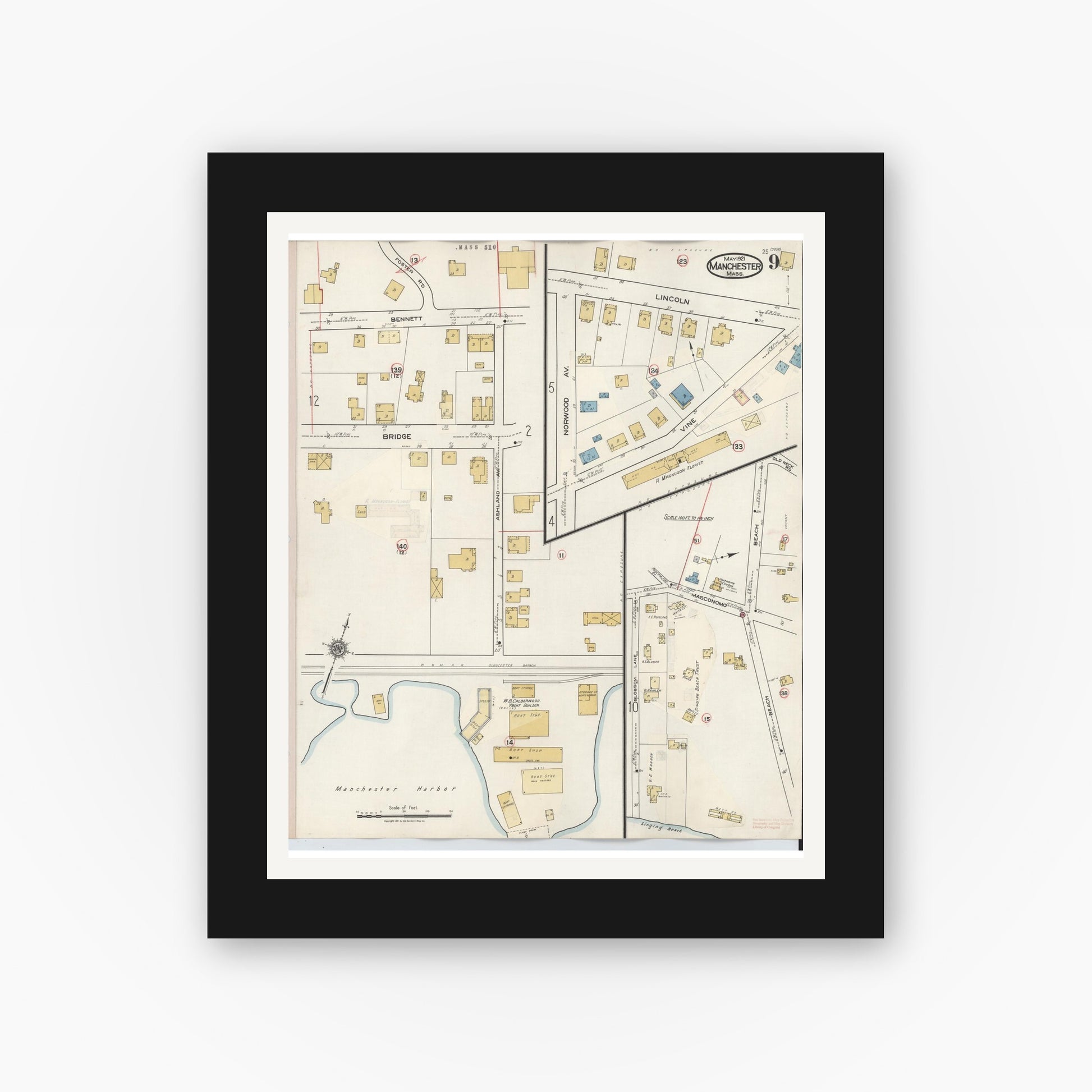 Old map wall art mockup — black gallery frame with white mat — Sanborn Fire Insurance Map from Manchester, Essex County, Massachusetts (1941), Sheet #0009