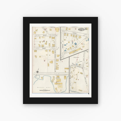 Old map wall art mockup — black gallery frame with white mat — Sanborn Fire Insurance Map from Manchester, Essex County, Massachusetts (1941), Sheet #0009