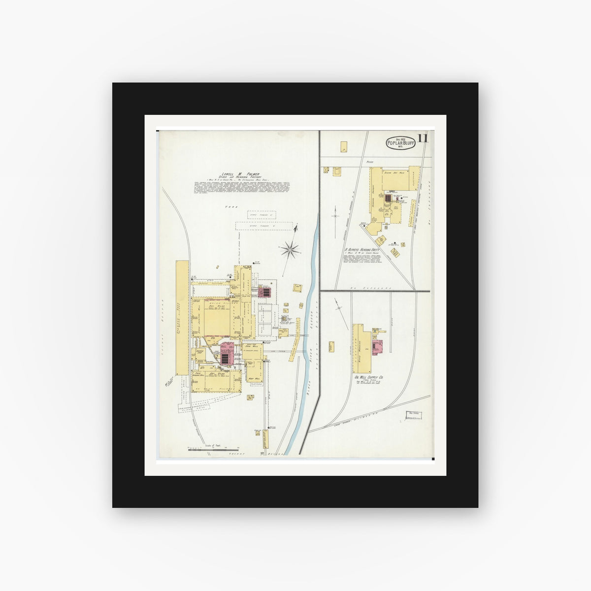 Old map wall art mockup — black gallery frame with white mat — Sanborn Fire Insurance Map from Poplar Bluff, Butler County, Missouri (1901), Sheet #0011