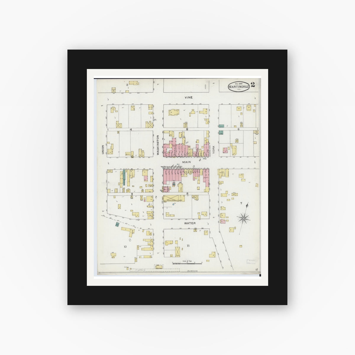 Old map wall art mockup — black gallery frame with white mat — Sanborn Fire Insurance Map from Martinsville, Clark County, Illinois (1893), Sheet #0002