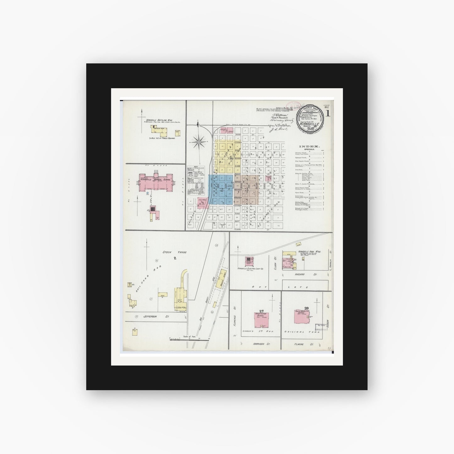 Old map wall art mockup — black gallery frame with white mat — Sanborn Fire Insurance Map from Kirksville, Adair County, Missouri (1891) - Complete Map Set