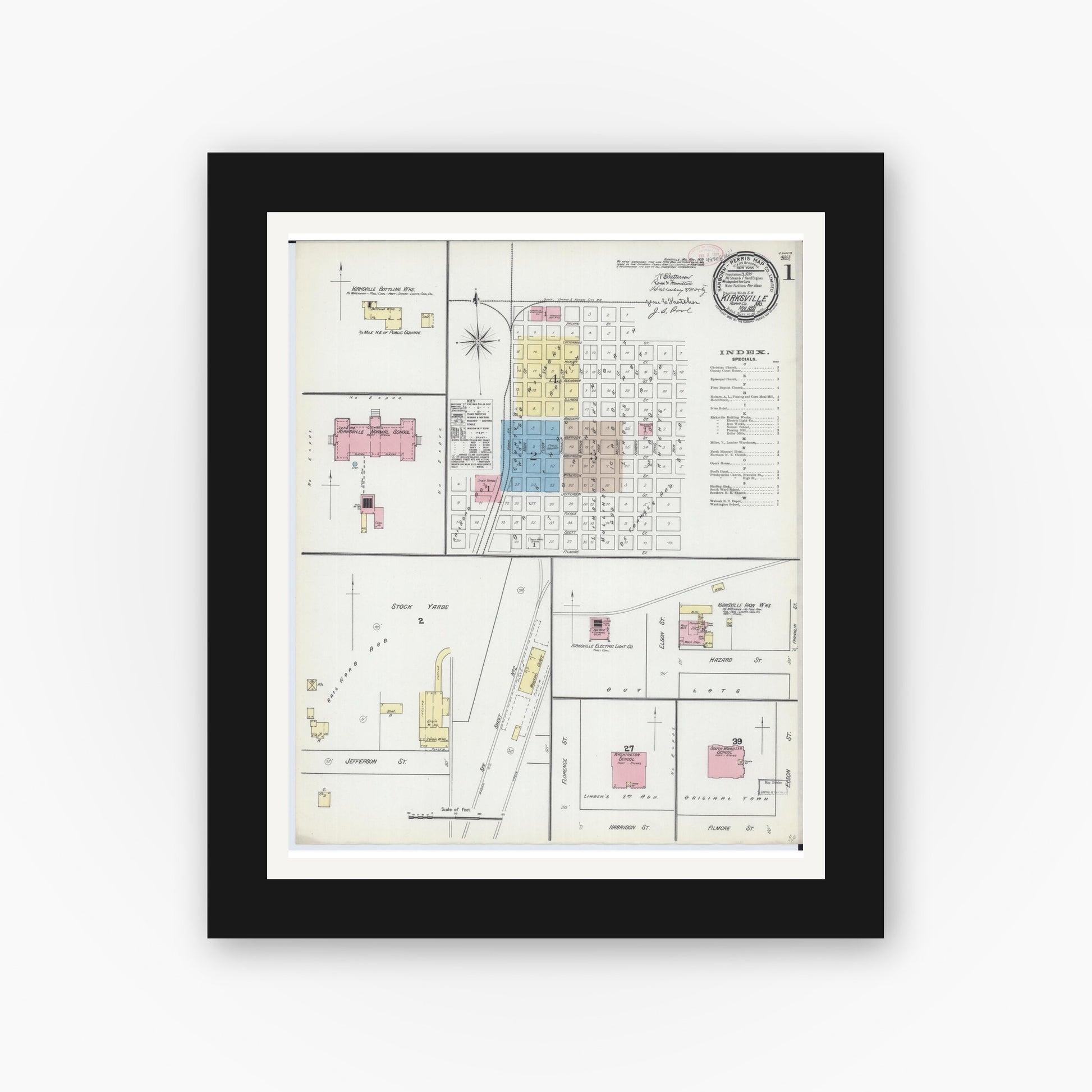 Old map wall art mockup — black gallery frame with white mat — Sanborn Fire Insurance Map from Kirksville, Adair County, Missouri (1891) - Complete Map Set
