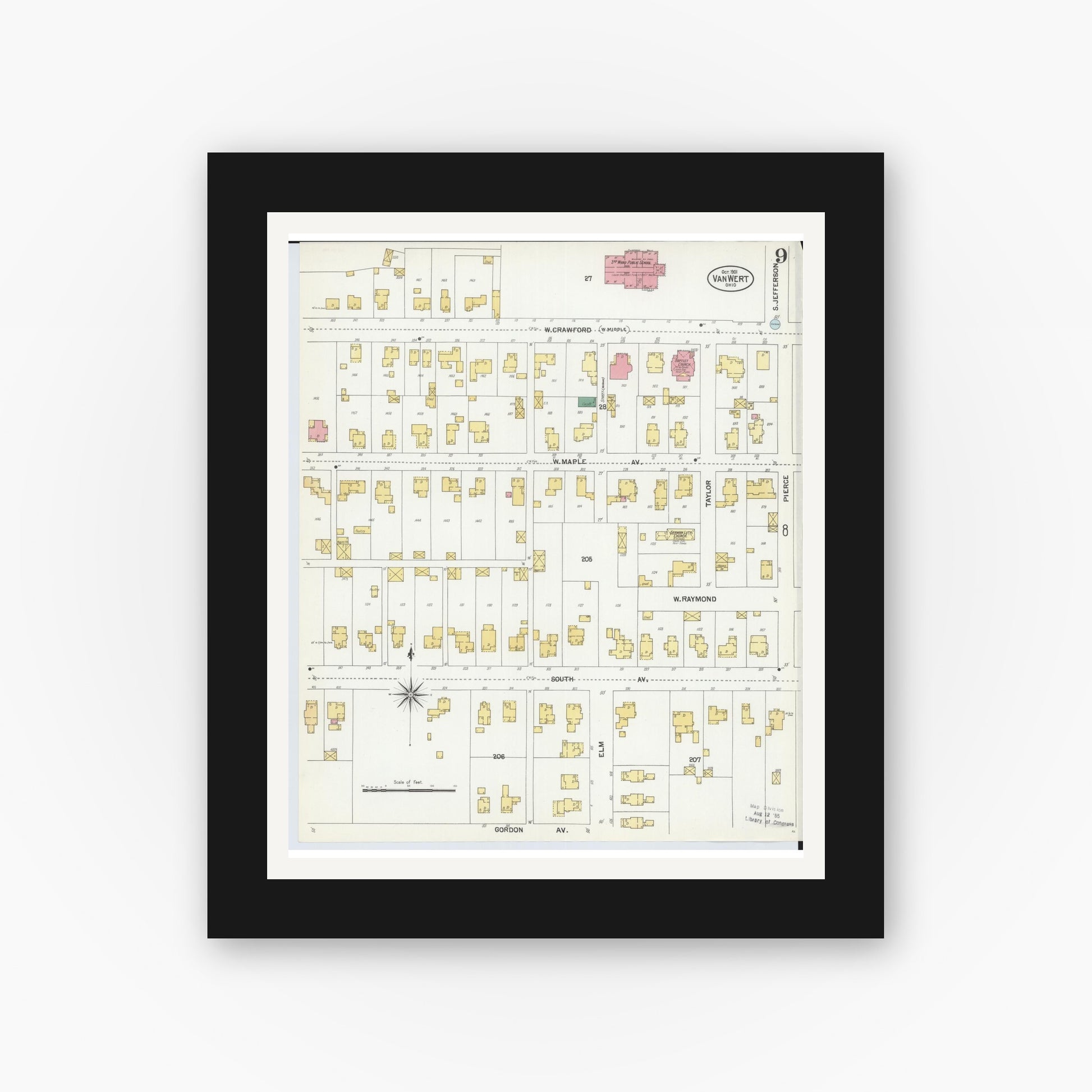 Old map wall art mockup — black gallery frame with white mat — Sanborn Fire Insurance Map from Van Wert, Van Wert County, Ohio (1901), Sheet #0009
