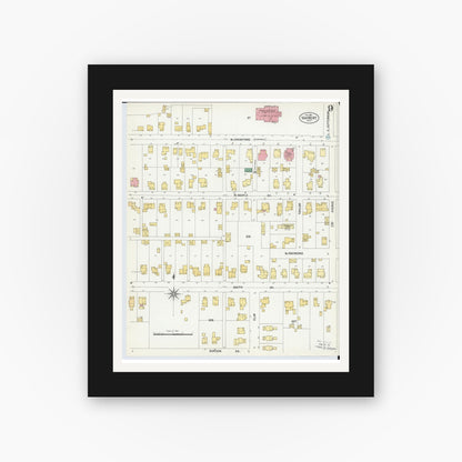 Old map wall art mockup — black gallery frame with white mat — Sanborn Fire Insurance Map from Van Wert, Van Wert County, Ohio (1901), Sheet #0009