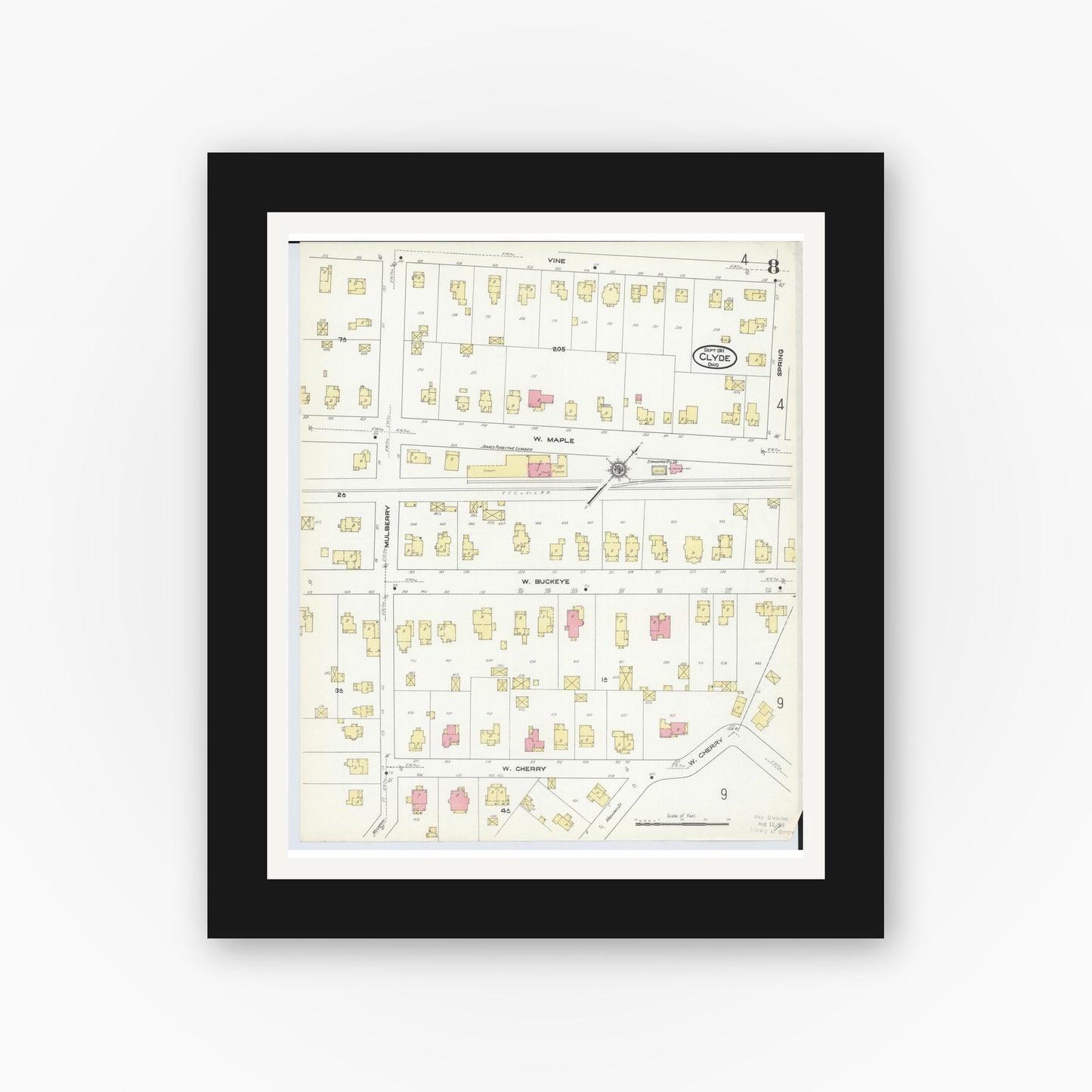 Old map wall art mockup — black gallery frame with white mat — Sanborn Fire Insurance Map from Clyde, Sandusky County, Ohio (1911), Sheet #0008
