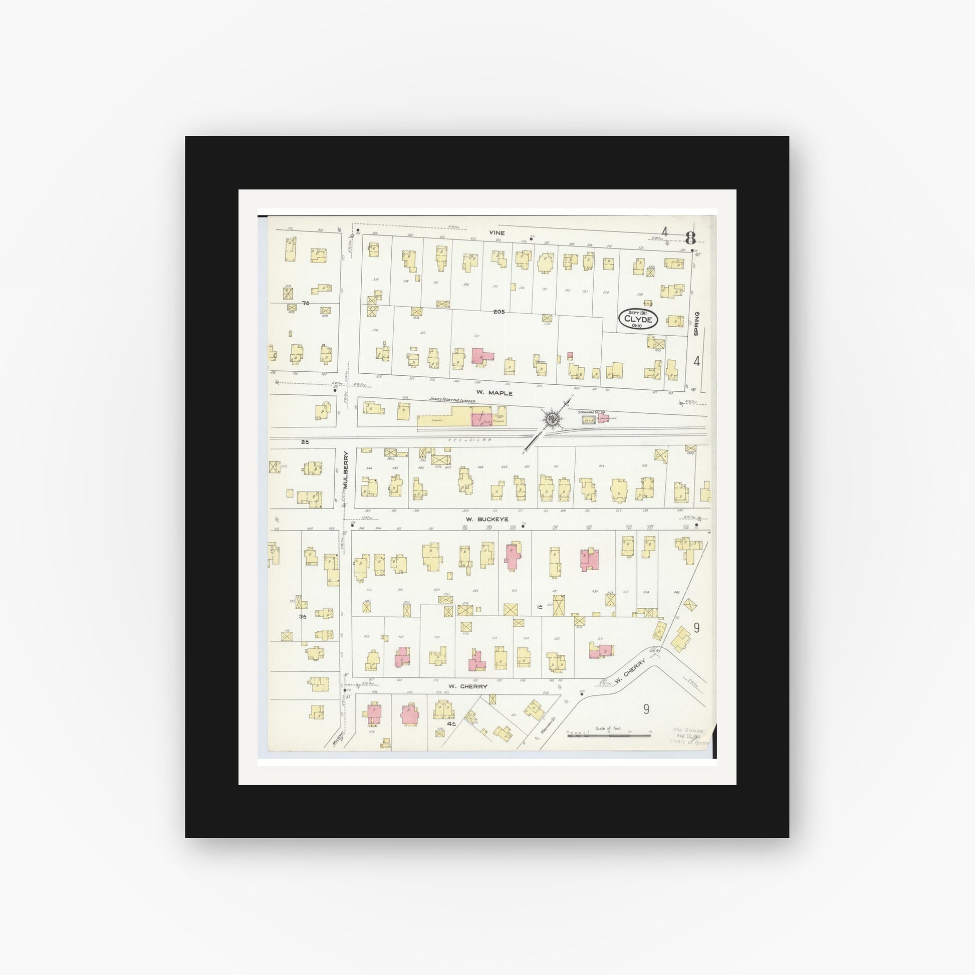 Old map wall art mockup — black gallery frame with white mat — Sanborn Fire Insurance Map from Clyde, Sandusky County, Ohio (1911), Sheet #0008