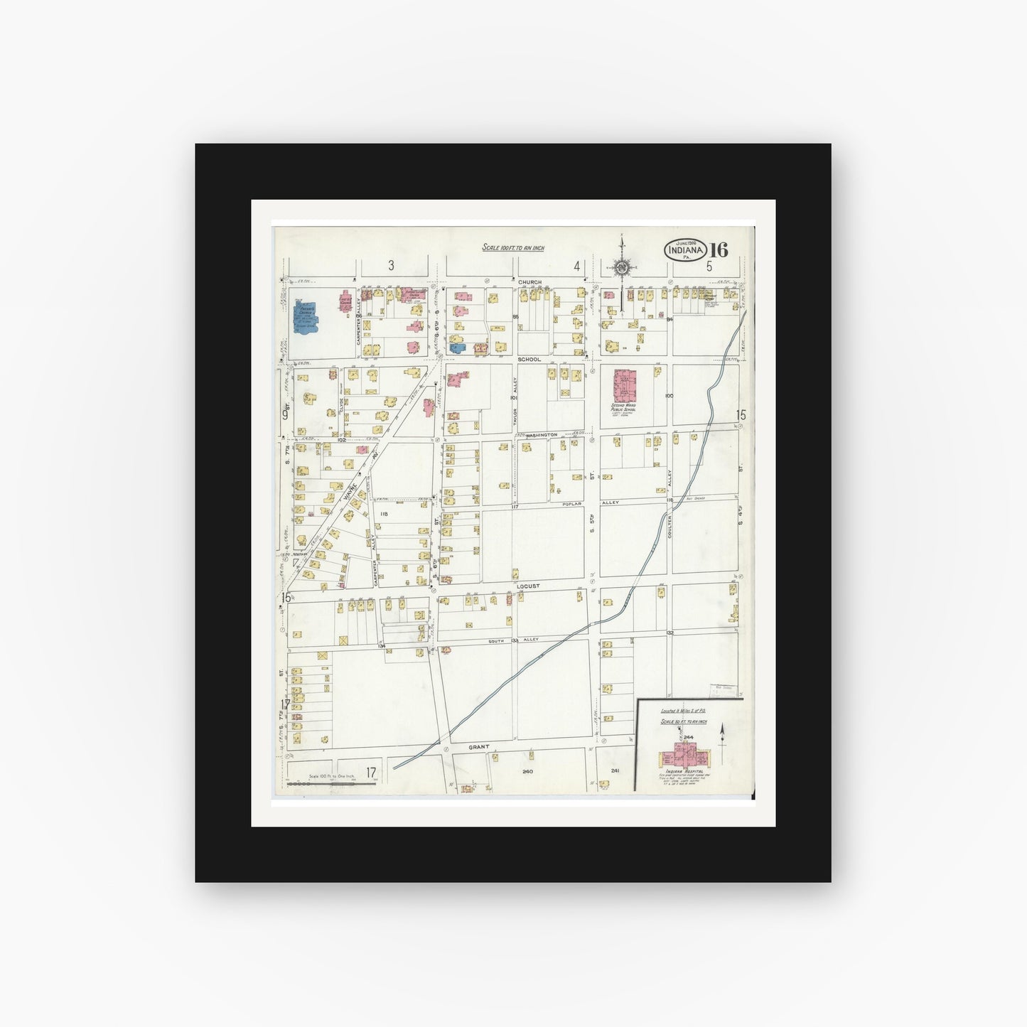 Old map wall art mockup — black gallery frame with white mat — Sanborn Fire Insurance Map from Indiana, Indiana County, Pennsylvania (1916), Sheet #0016