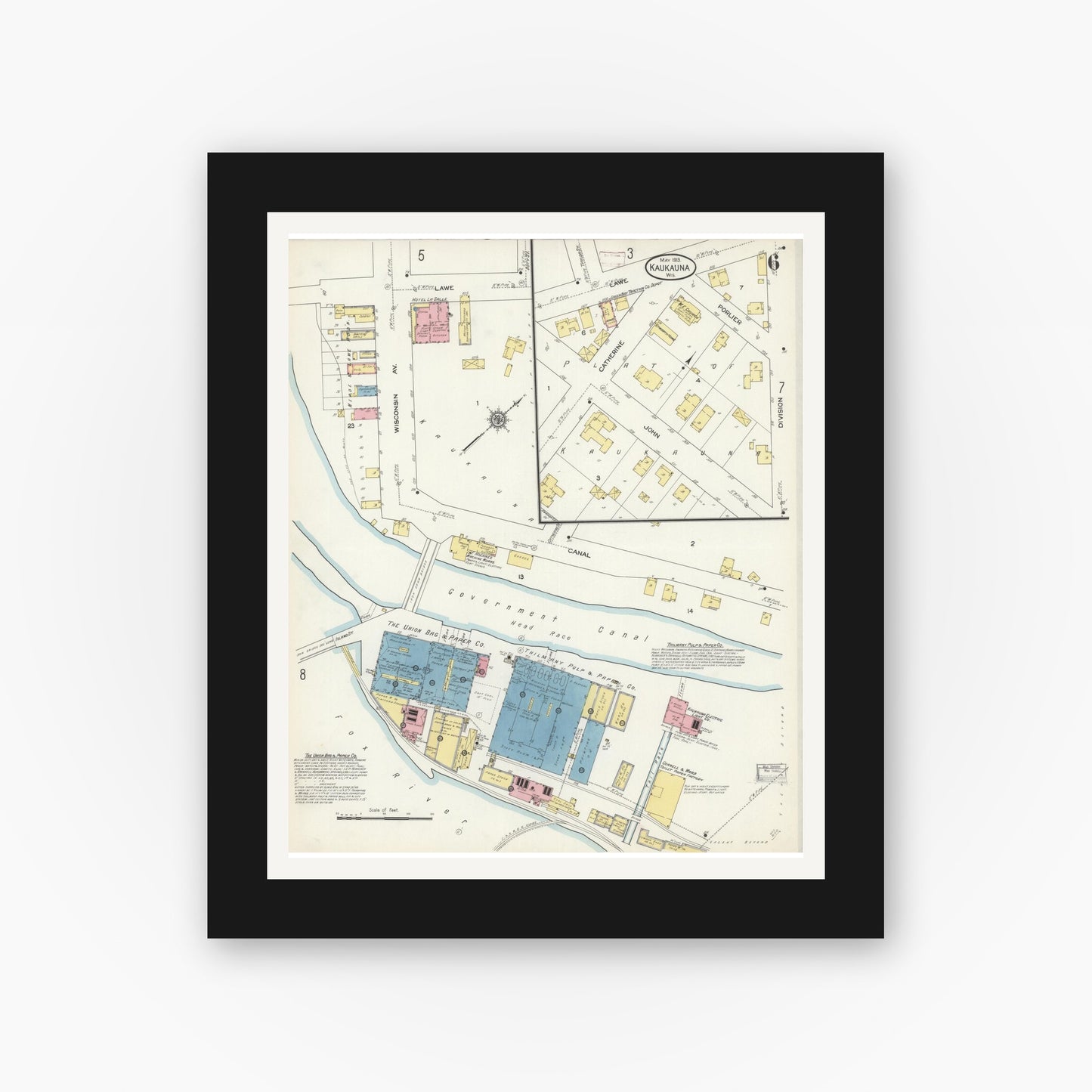 Old map wall art mockup — black gallery frame with white mat — Sanborn Fire Insurance Map from Kaukauna, Outagamie County, Wisconsin (1913), Sheet #0006