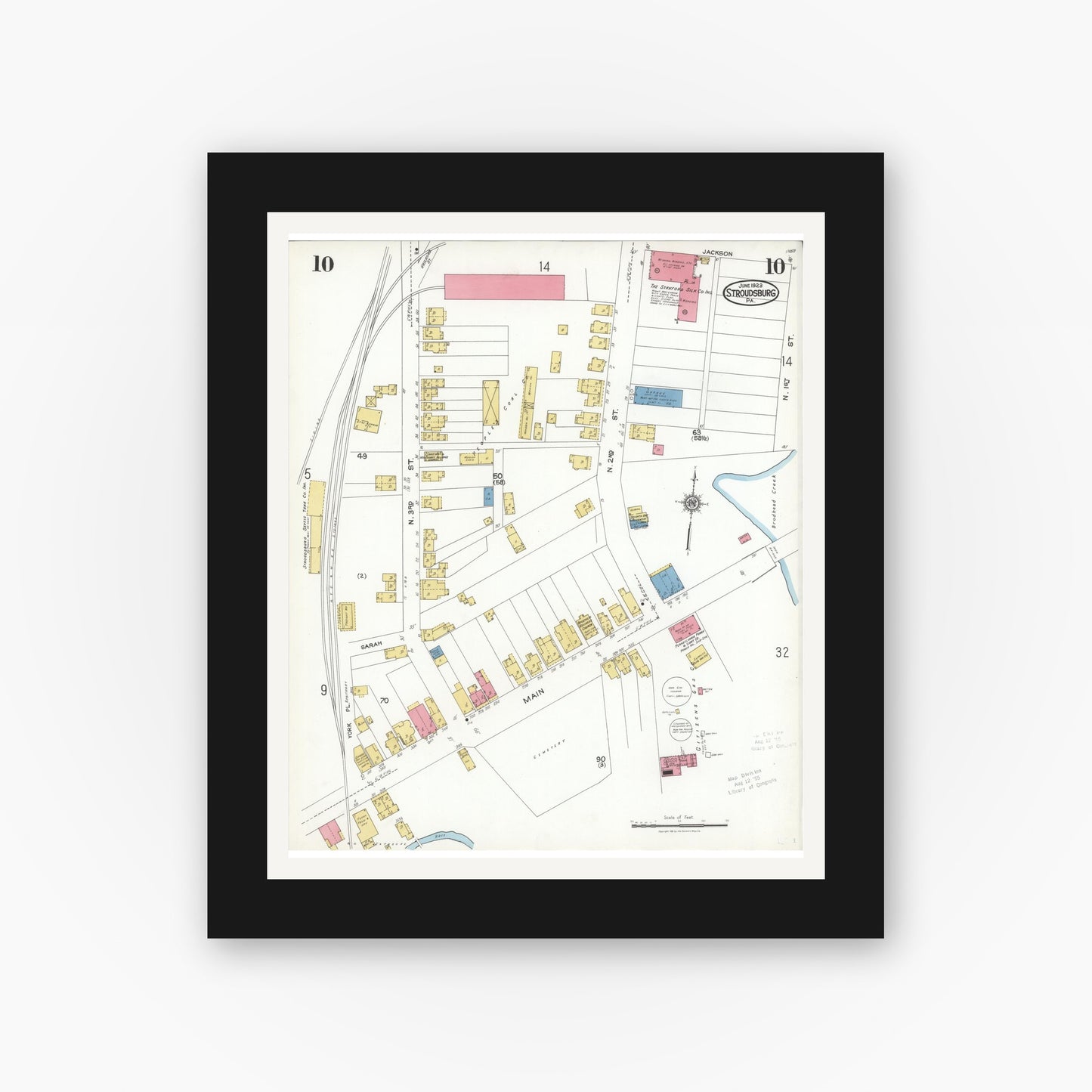 Old map wall art mockup — black gallery frame with white mat — Sanborn Fire Insurance Map from Stroudsburg, Monroe County, Pennsylvania (1923), Sheet #0010