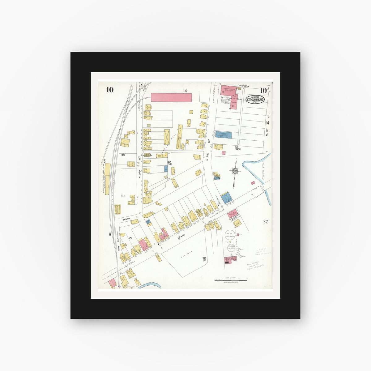 Old map wall art mockup — black gallery frame with white mat — Sanborn Fire Insurance Map from Stroudsburg, Monroe County, Pennsylvania (1923), Sheet #0010