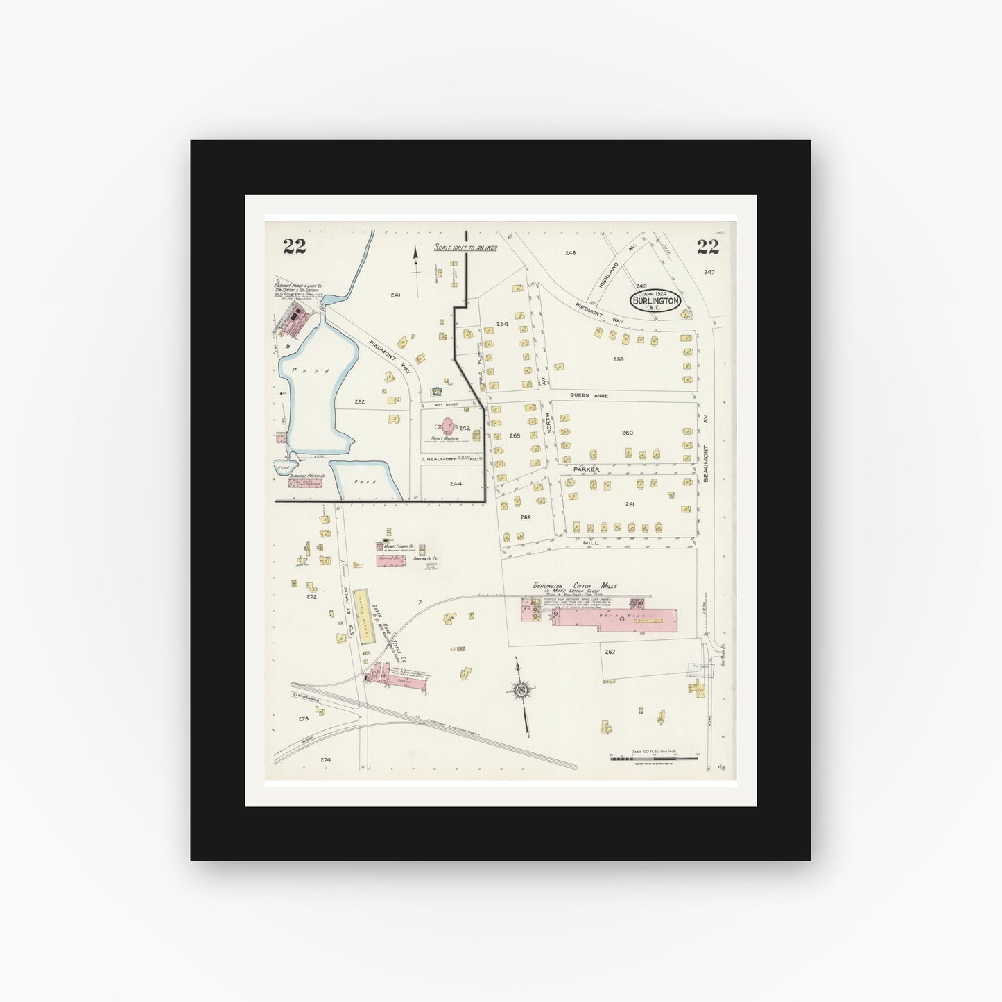 Old map wall art mockup — black gallery frame with white mat — Sanborn Fire Insurance Map from Burlington, Alamance County, North Carolina (1924), Sheet #0022