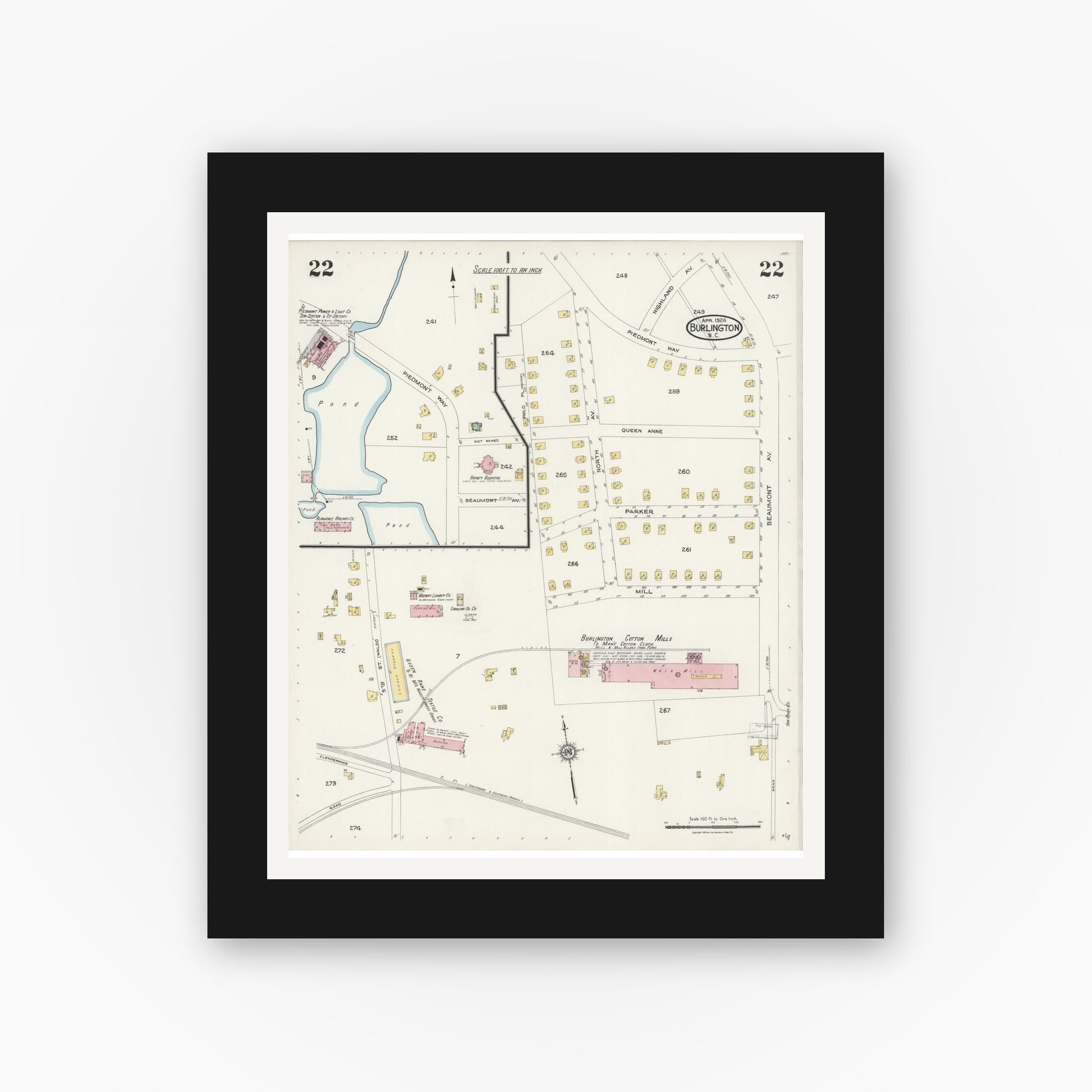 Old map wall art mockup — black gallery frame with white mat — Sanborn Fire Insurance Map from Burlington, Alamance County, North Carolina (1924), Sheet #0022