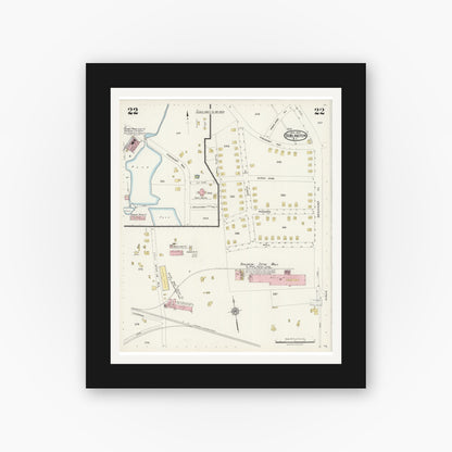 Old map wall art mockup — black gallery frame with white mat — Sanborn Fire Insurance Map from Burlington, Alamance County, North Carolina (1924), Sheet #0022