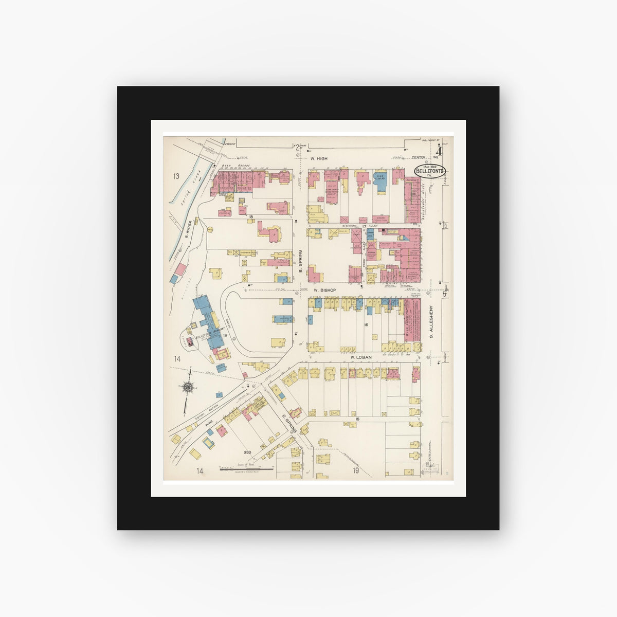 Old map wall art mockup — black gallery frame with white mat — Sanborn Fire Insurance Map from Bellefonte, Centre County, Pennsylvania (1922), Sheet #0004