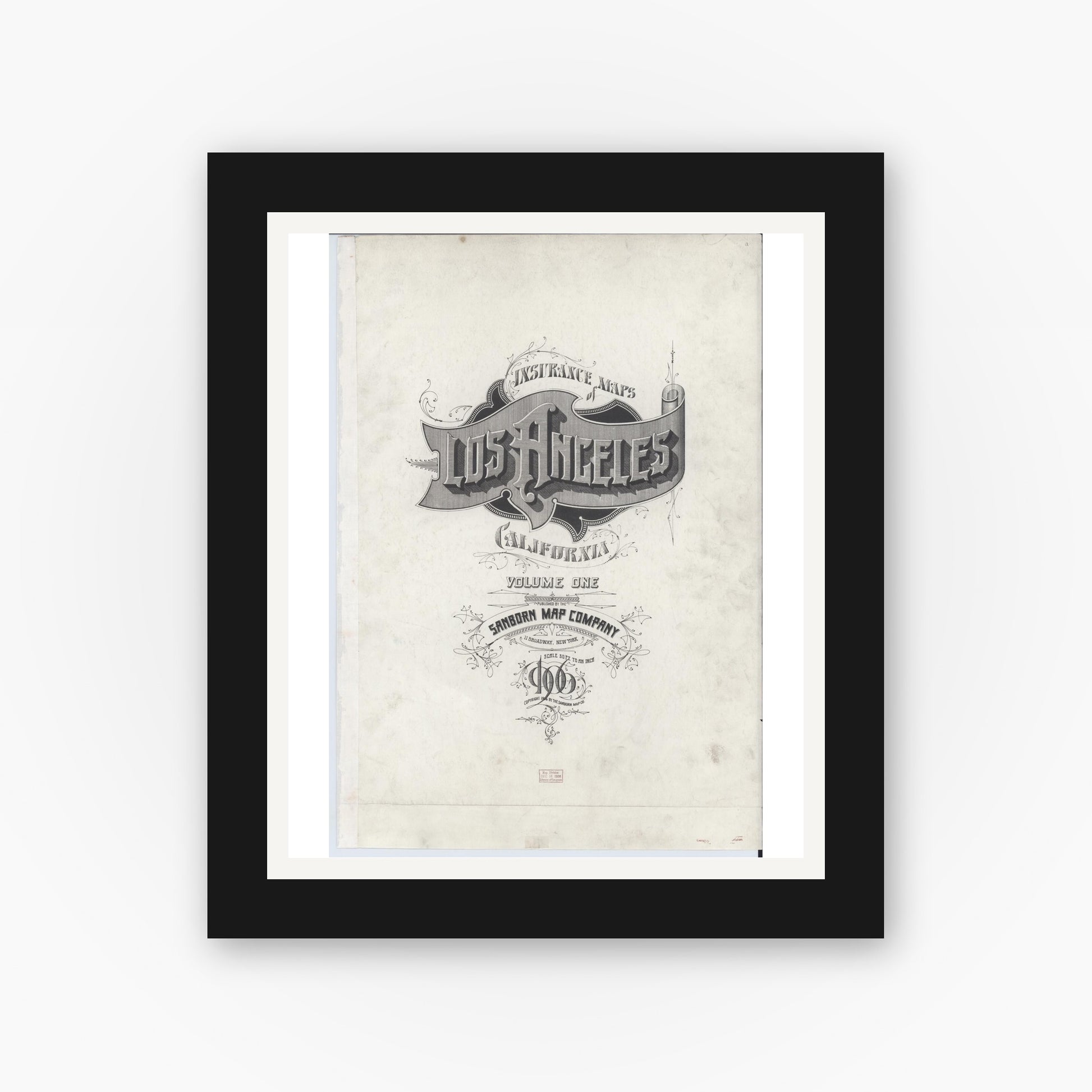 Old map wall art mockup — black gallery frame with white mat — Sanborn Fire Insurance Map from Los Angeles, Los Angeles County, California (1906), Sheet #0001