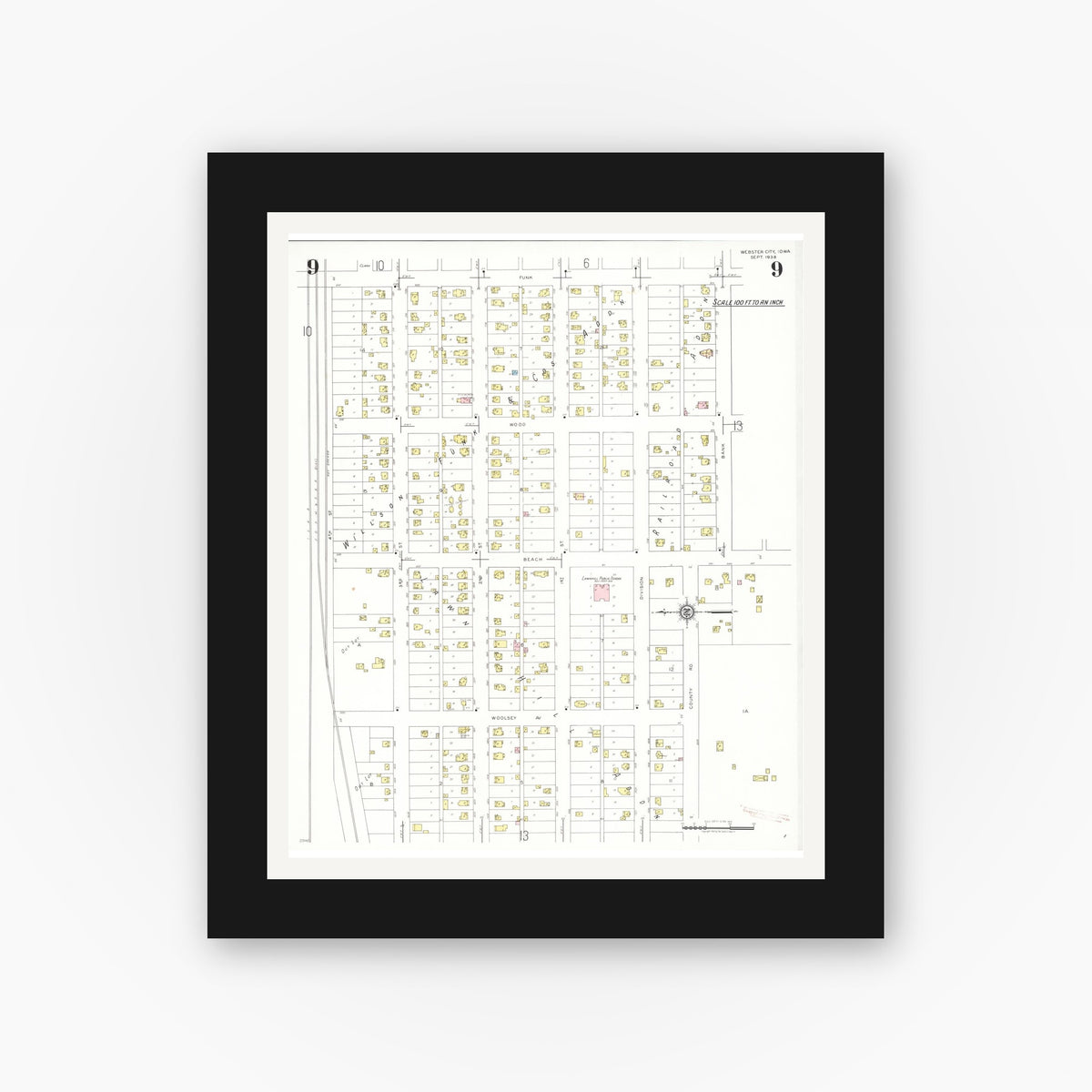 Old map wall art mockup — black gallery frame with white mat — Sanborn Fire Insurance Map from Webster City, Hamilton County, Iowa (1938), Sheet #0009