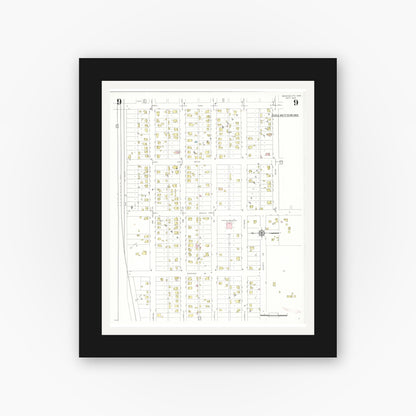 Old map wall art mockup — black gallery frame with white mat — Sanborn Fire Insurance Map from Webster City, Hamilton County, Iowa (1938), Sheet #0009