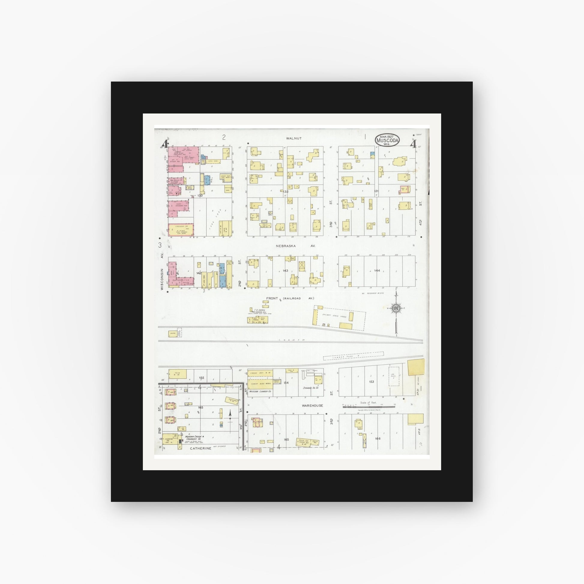 Old map wall art mockup — black gallery frame with white mat — Sanborn Fire Insurance Map from Muscoda, Grant County, Wisconsin (1927), Sheet #0004