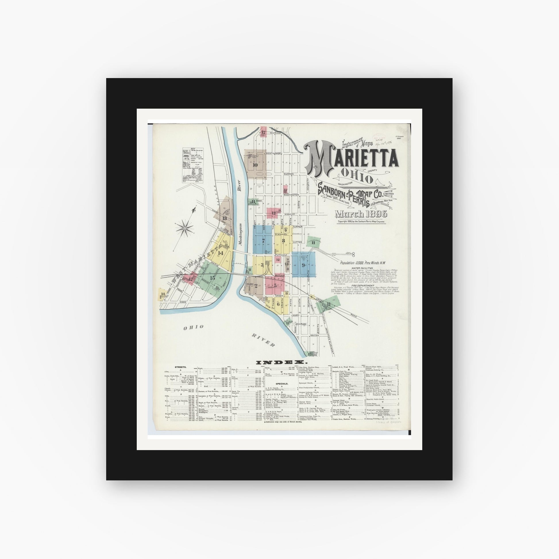 Old map wall art mockup — black gallery frame with white mat — Sanborn Fire Insurance Map from Marietta, Washington County, Ohio (1896) - Complete Map Set