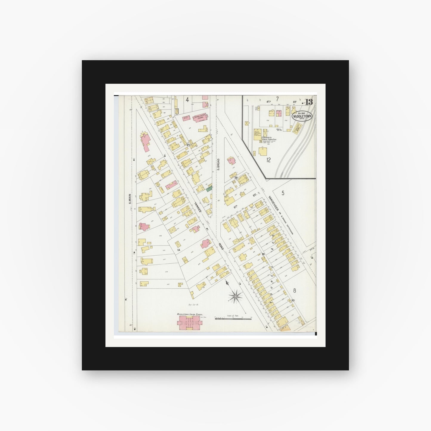 Old map wall art mockup — black gallery frame with white mat — Sanborn Fire Insurance Map from Middletown, Butler County, Ohio (1901), Sheet #0013