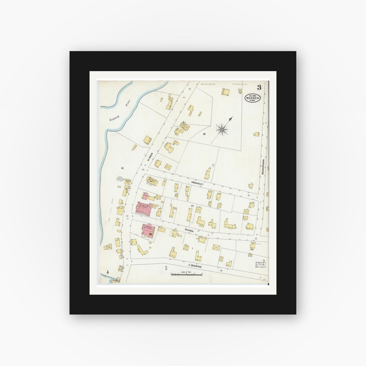 Old map wall art mockup — black gallery frame with white mat — Sanborn Fire Insurance Map from Warren, Worcester County, Massachusetts (1906), Sheet #0003